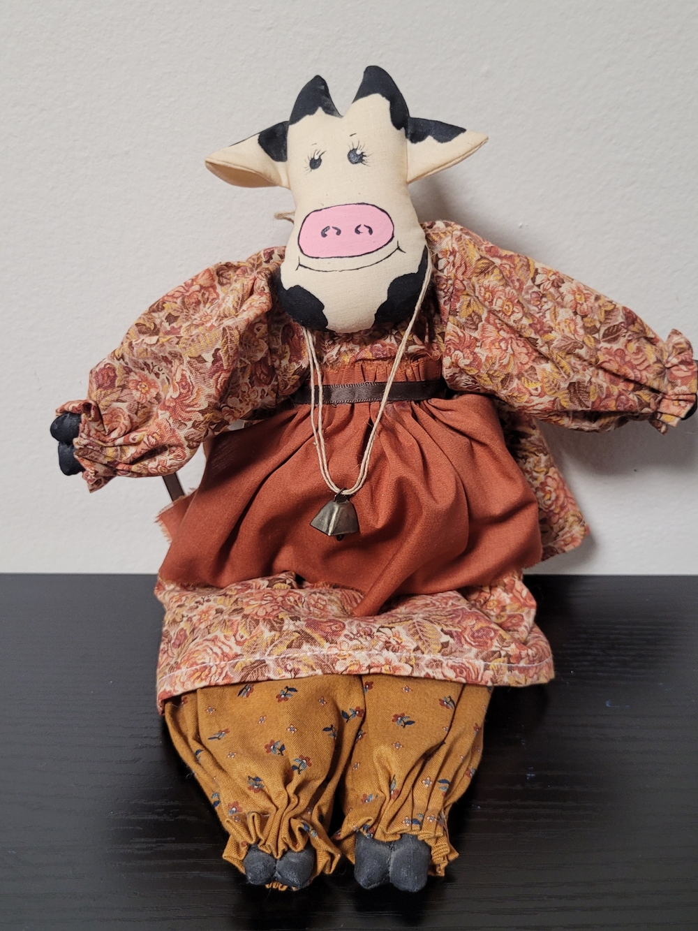 Primitive Americana Cow Doll Wearing Top And Skirt & Cow Bell Farm Animal Decor
